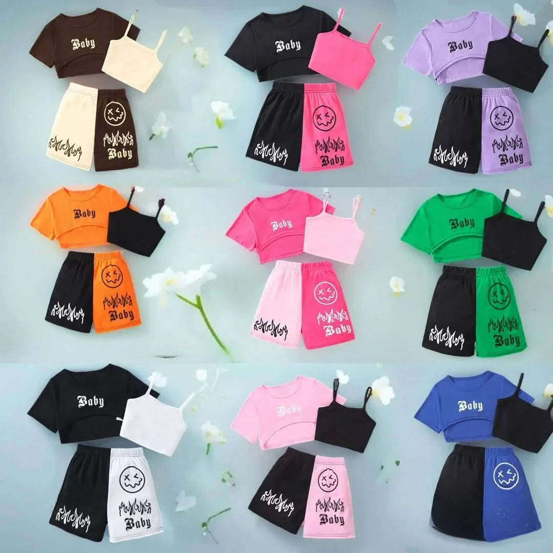 New Kids Girls Clothing Set Summer Short Sleeve Fashion Three Piece Girls Suit Color Block Children Outfits Girls Clothes 8-12Y - M & M Global