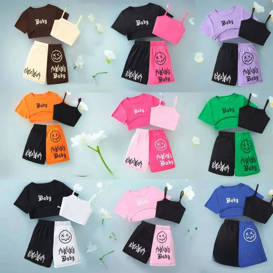 New Kids Girls Clothing Set Summer Short Sleeve Fashion Three Piece Girls Suit Color Block Children Outfits Girls Clothes 8-12Y - M & M Global