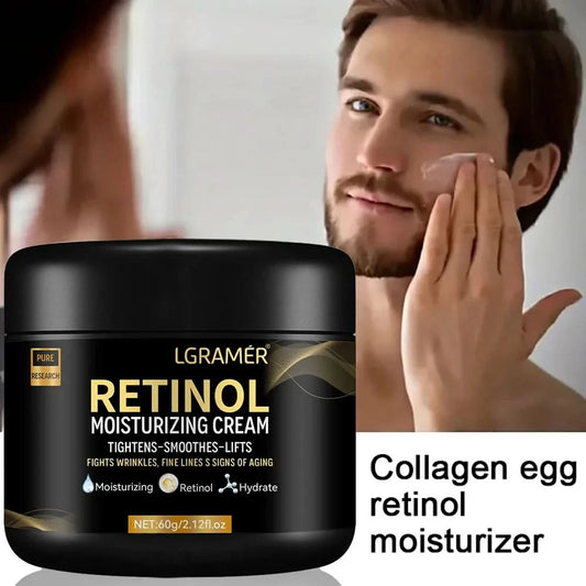 Men applying LGRAMER Men's Retinol Face Moisturizer cream for anti-wrinkle and skin tightening benefits