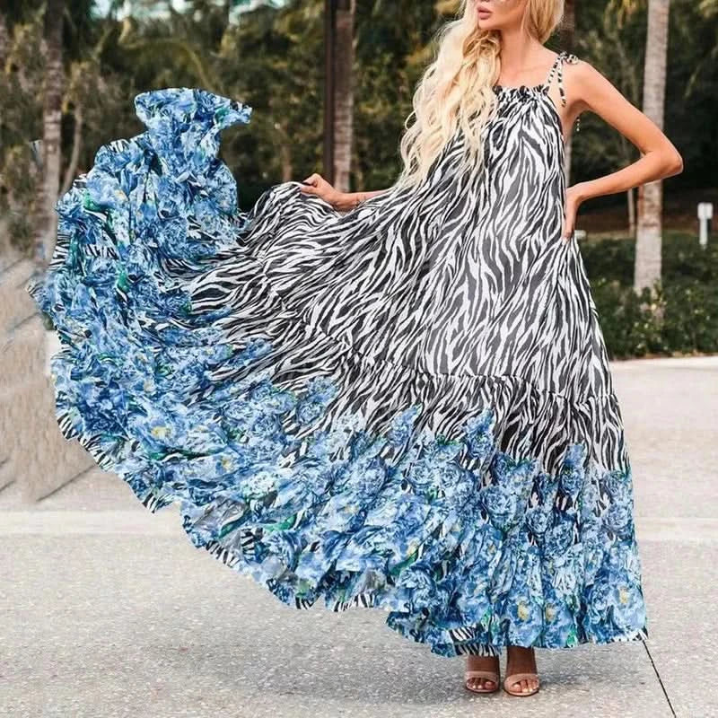 Sexy Summer Party Dress Women Fashion Bow Straps High Waist Pleated Beach Dress Chiffon Casual Floral Print Bohemian Long Dress - M & M Global