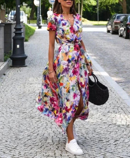 Women's Fashionable Casual Loose Dress Ladies Floral Tie V-neck Split Print Short Sleeved Long Dress - M & M Global