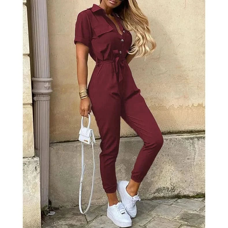 Women's Monochromatic Belt Workwear Jumpsuit, Casual Pants, Flip Collar, Buckle, European and American, Summer, 2024 - M & M Global