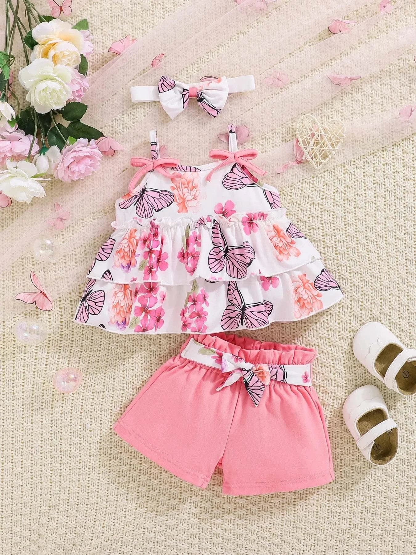 3-piece baby baby girl butterfly print halter top with bow embellish shorts headscarf set - M & M Global