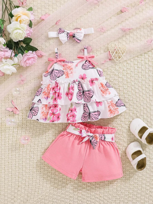 3-piece baby baby girl butterfly print halter top with bow embellish shorts headscarf set - M & M Global