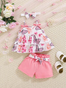 3-piece baby baby girl butterfly print halter top with bow embellish shorts headscarf set - M & M Global