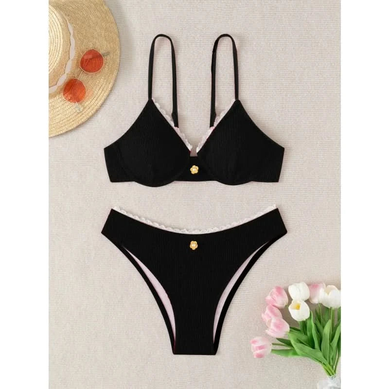 Sexy Bikini Set Women's 2 Piece Swimsuit Vintage Lace Edge Bikini Push Up Swimwear 2025 New Chic Simple Beachwear Bathing Suit - M & M Global