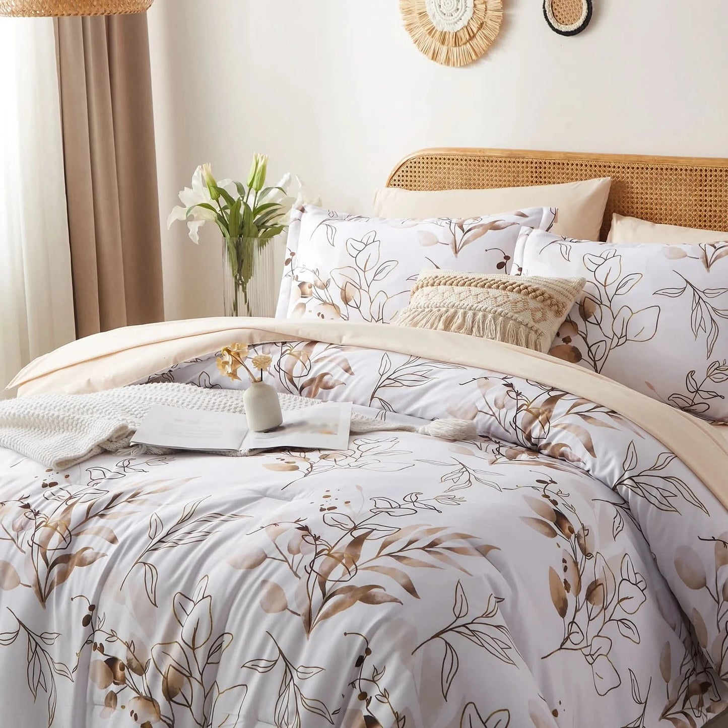 7Pcs solid color botanical pattern quilt set, microfiber soft and durable bedding set bedroom decoration gift