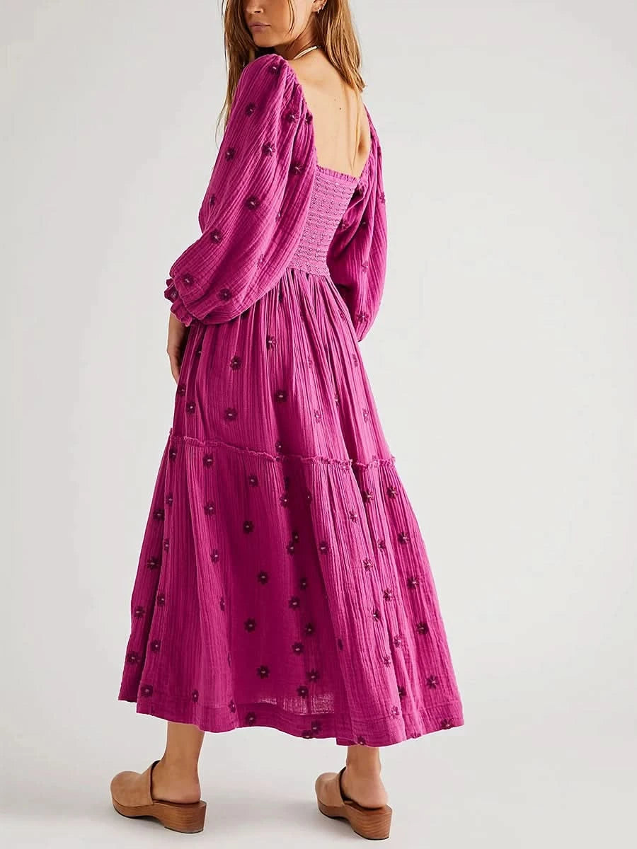 Women's Flower Embroidered Long Dress Bodycon Lantern Sleeve Square Neck Tiered Flowy Dress Bohemian Summer Beachwear Dresses - M & M Global