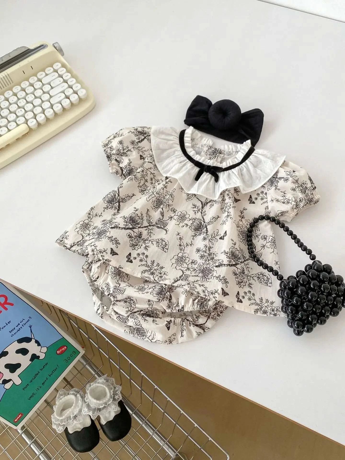 2PCS Summer Floral Baby Girl Suit New Autumn Fashion Lace Bow Baby Girls' Set Peter Pan Collar Shirt and Shorts Princess Outfits - M & M Global
