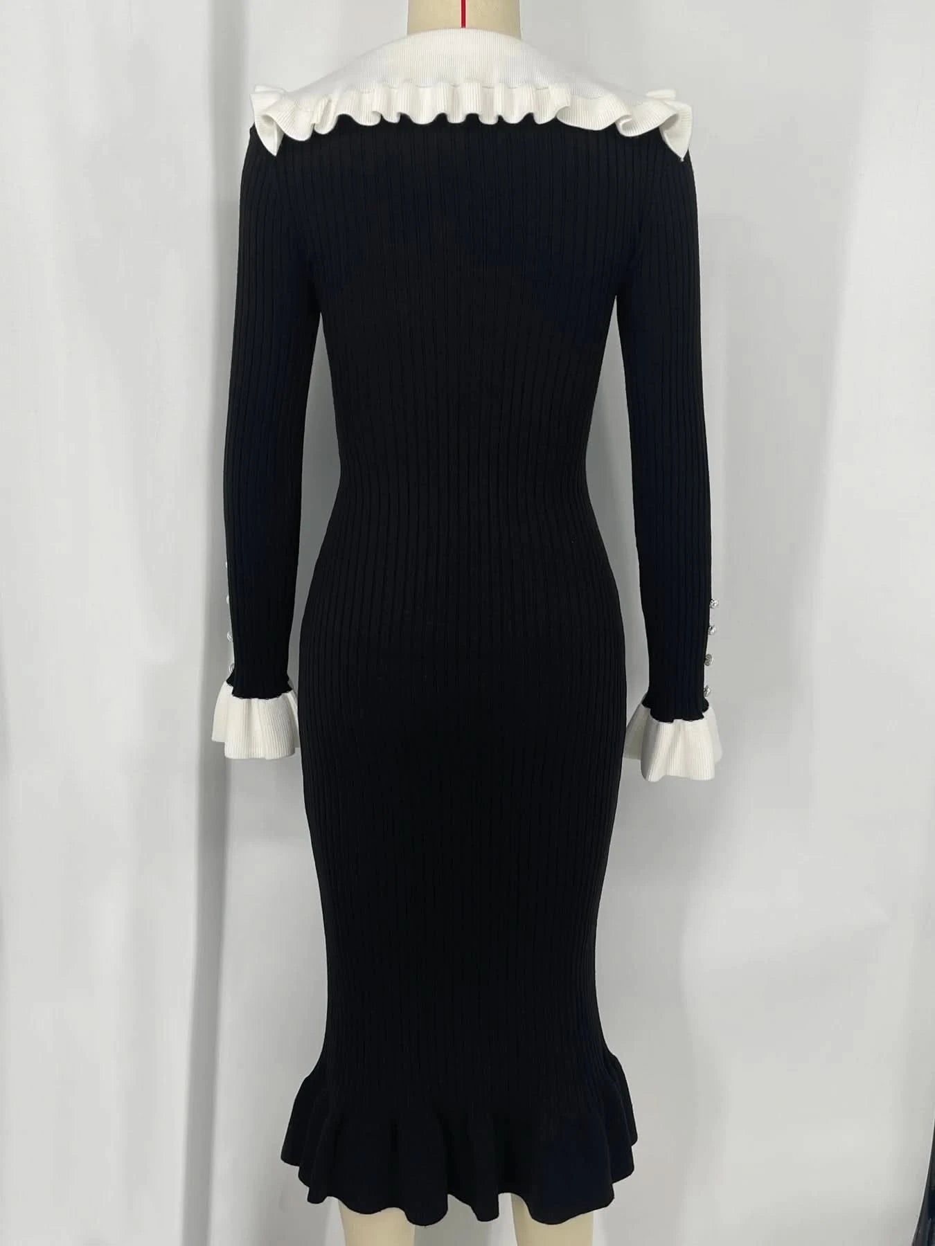 TARUXY High Waist Ruffled Maxi Dresses For Women Autumn Winter Knitted Slim Long Dress Women's Vintage Dress Woman Retro Elegant - M & M Global