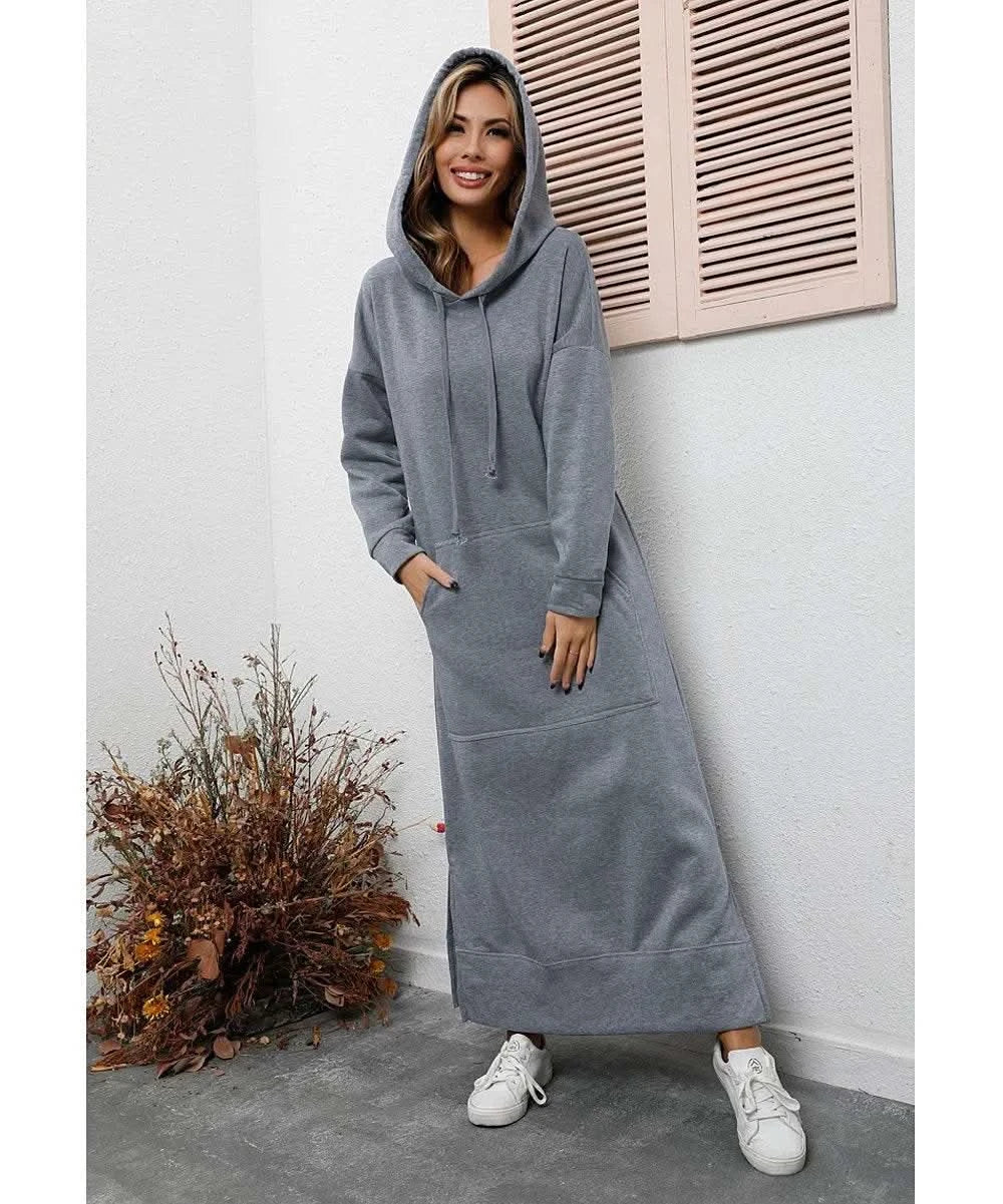 Autumn and Winter New Loose Size Knitted Hooded Long Dress Plush Casual Fashion Dress Large Pocket Skirt Women's Wear - M & M Global