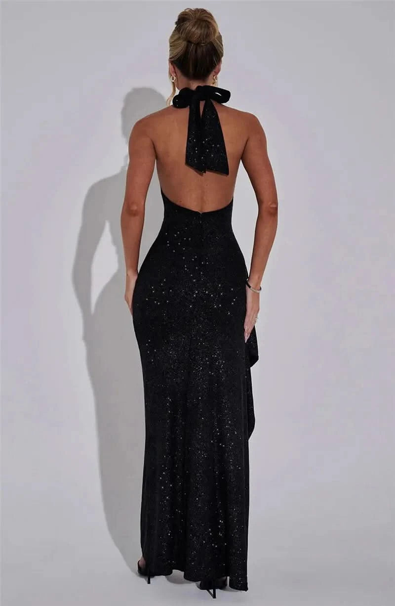 Mozision Sparkle Thigh High Split Sexy Maxi Dress Women Gown Black Half High Collar Sleeveless Backless Bodycon Sexy Long Dress - M & M Global