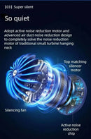 Silencing fan and motor with text on a dark background