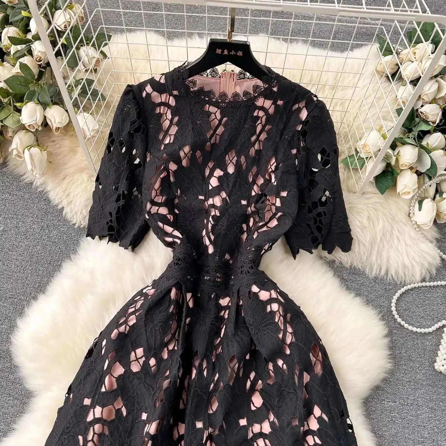 Elegant Flower Embroidery Lace Hollow Out Midi Dresses Women's 2025 Summer O Neck Short Sleeve Casual Long Dress Party Vestidos - M & M Global