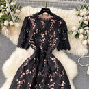 Elegant Flower Embroidery Lace Hollow Out Midi Dresses Women's 2025 Summer O Neck Short Sleeve Casual Long Dress Party Vestidos - M & M Global