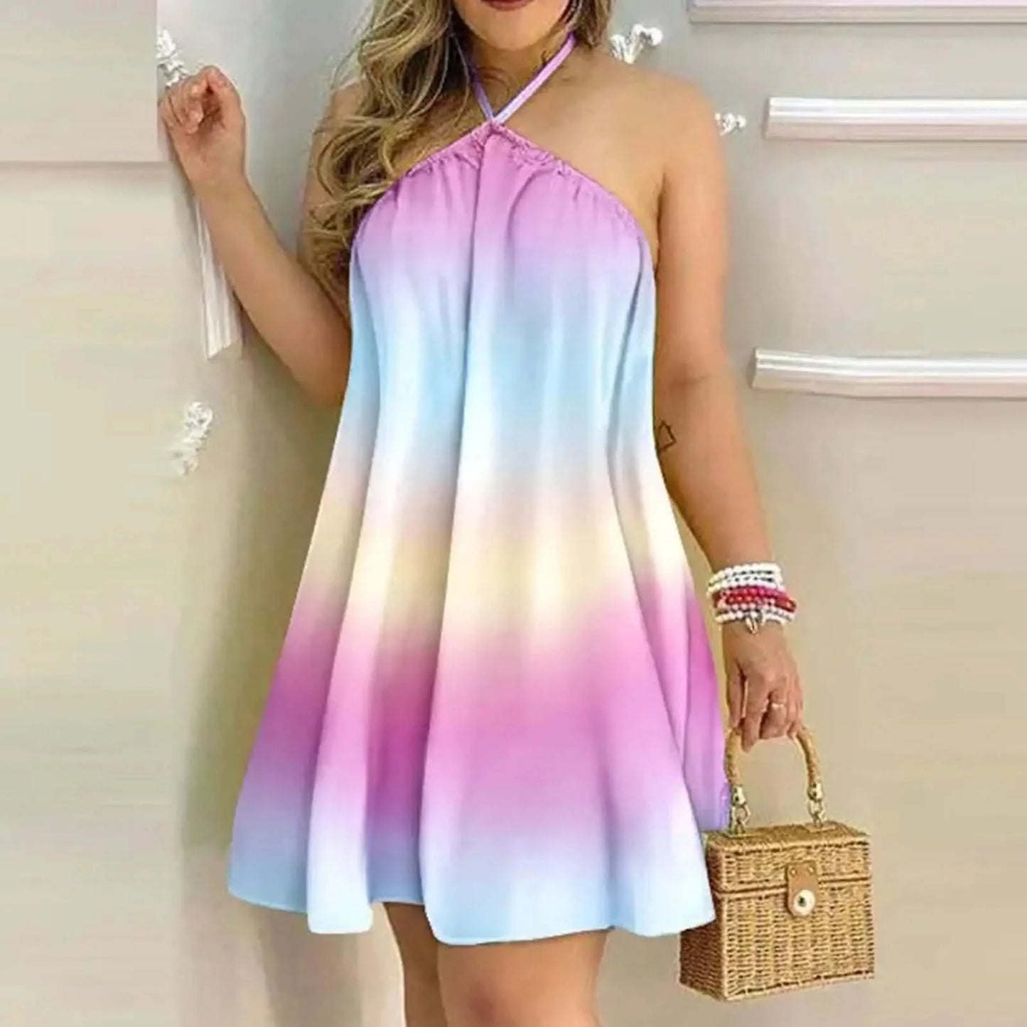 Plus Size Dresses For Woman 2023 Sexy Sleeveless Backless Short Mini Dress Loose Halter Neck Print Beach Sundress Floral Vestido - M & M Global