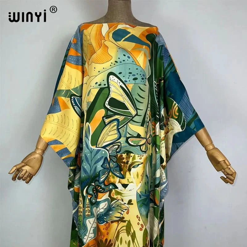 WINYI 2023 new Africa Fashion boho Popular printed twill Kaftan Maxi dress Summer Beach Bohemian Caftan long dress for lady - M & M Global