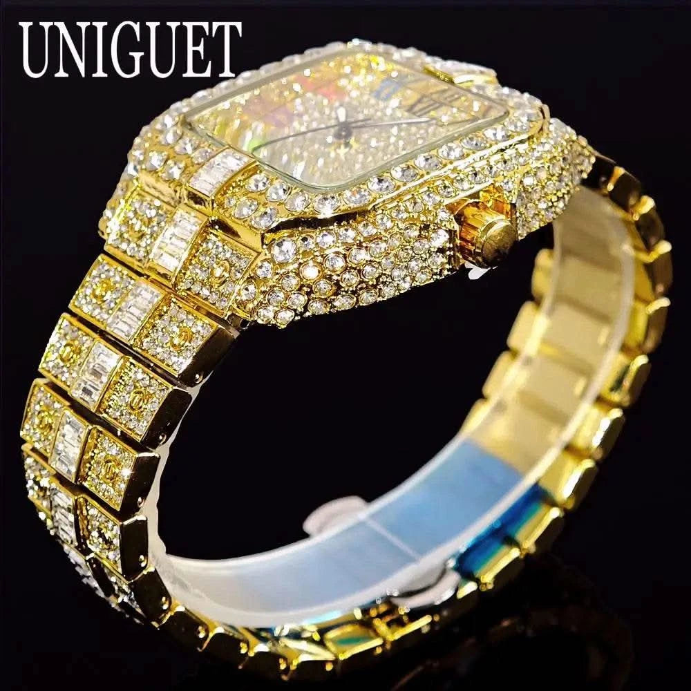 2025 UNIGUET Luxury Diamond Watch For Men With Rainbow Dial Calendar Quartz Watches Fashion Hip Hop Iced Out Wristwatch Man Gift - M & M Global