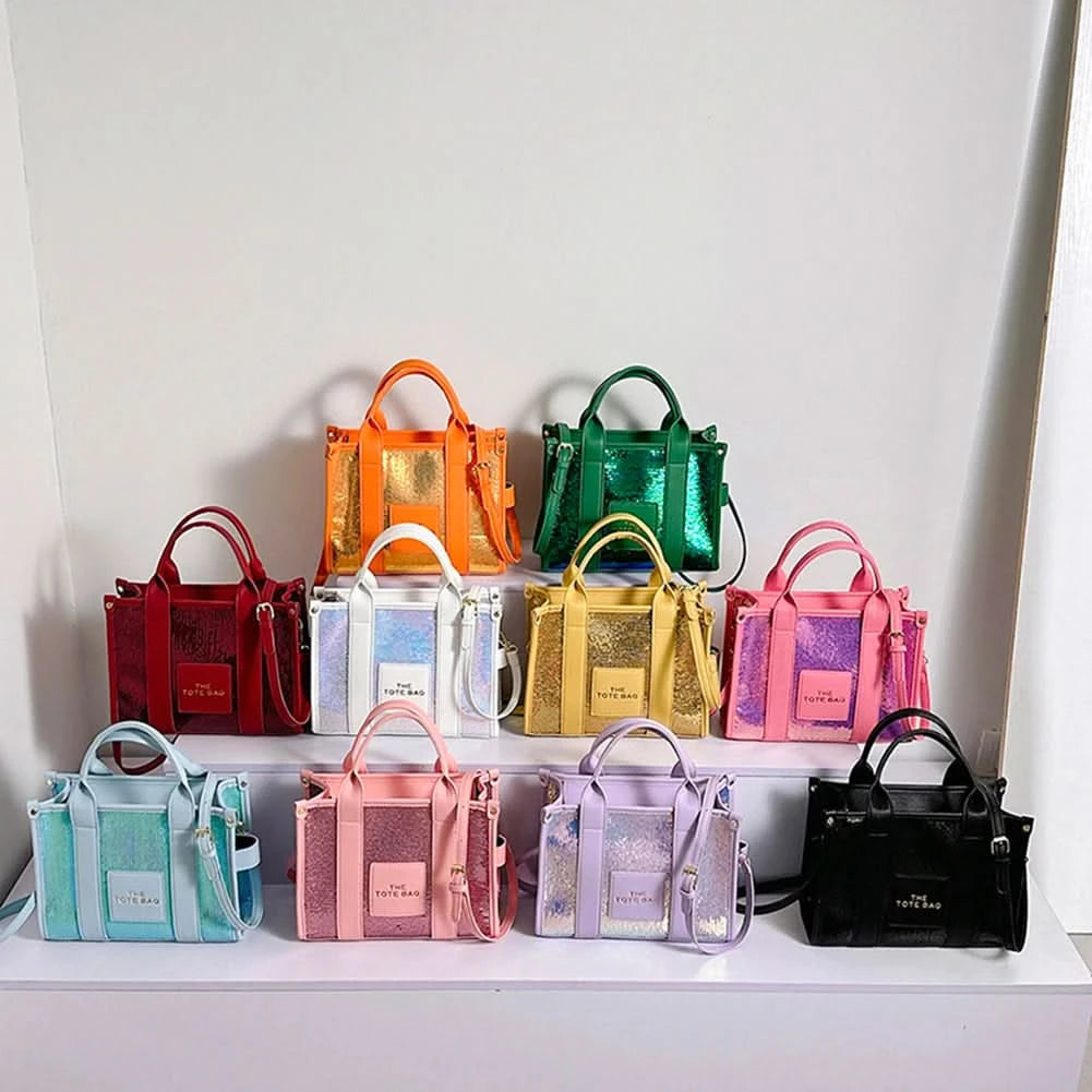 New The Tote Bag Letter Printed Sequins Top-Handle Bag Women Leather Handbag Luxury Designer Glitter Shoulder Crossbody Bag - M & M Global