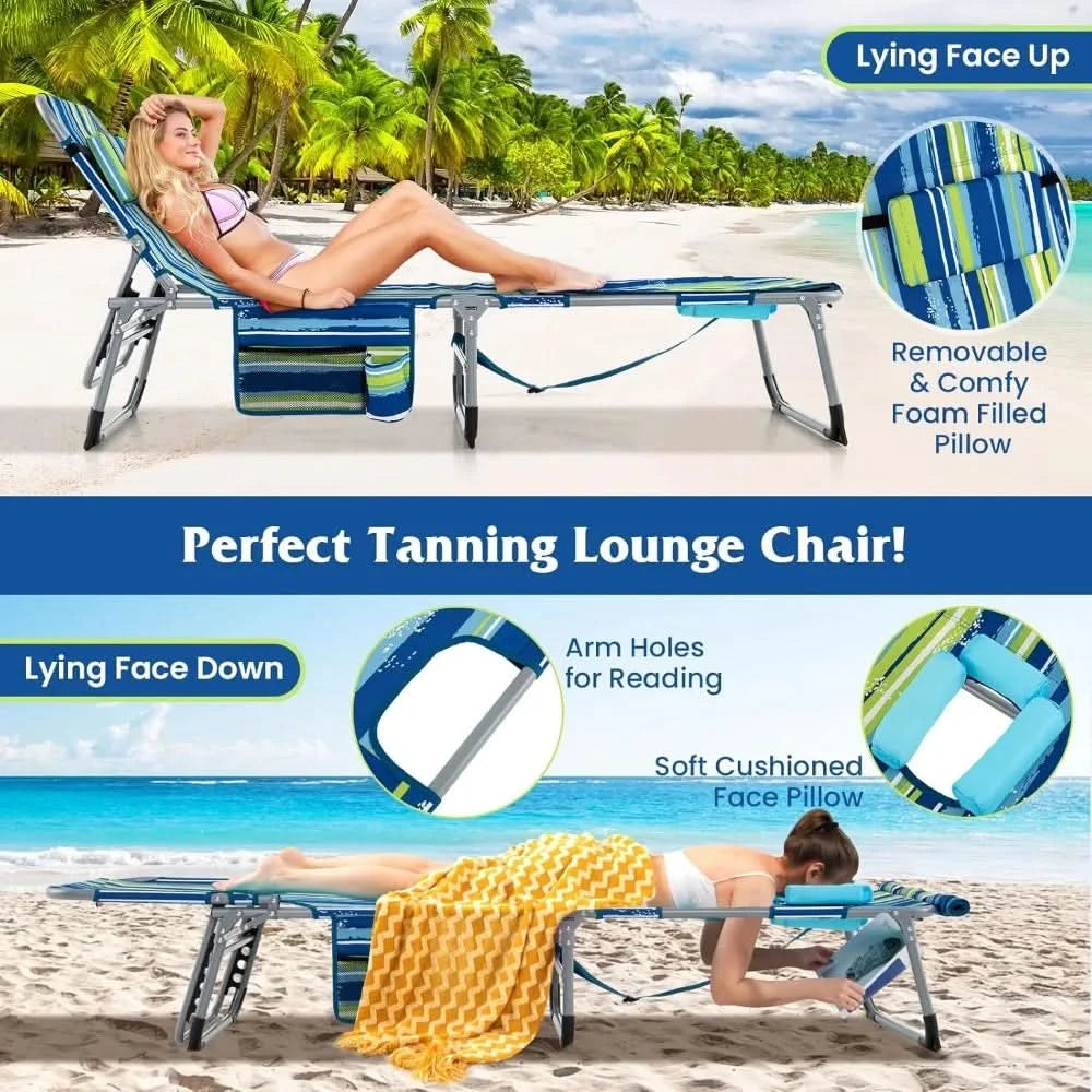 Tanning Chair, 400LBS Beach Lounge w/Face Arm Hole & Hand Shoulder Strap, Folding Layout Sunbathing Chair, Face Down Outdoor