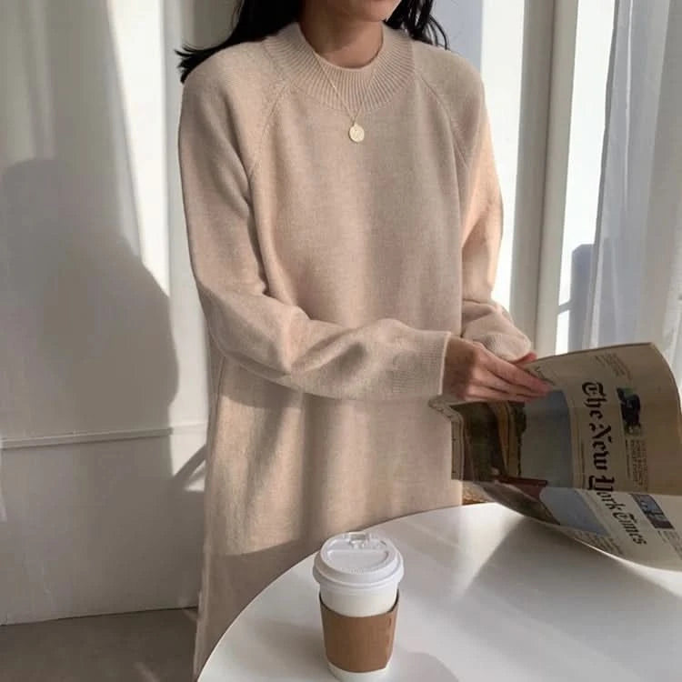 REALEFT Autumn Winter 2023 New O-Neck Casual Loose Knitted Dress Female Straight Long Sleeve Oversize Sweater Womens Long Dress - M & M Global