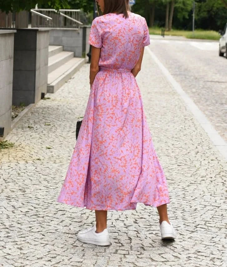 Women's Fashionable Casual Loose Dress Ladies Floral Tie V-neck Split Print Short Sleeved Long Dress - M & M Global