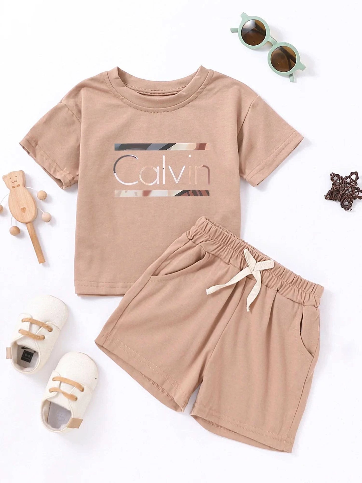 Children Calvin Letter Print Suits Cotton T-shirts + Shorts 2PCS Clothes Sets Boys Girls Fashion Outfits 1-7Y - M & M Global