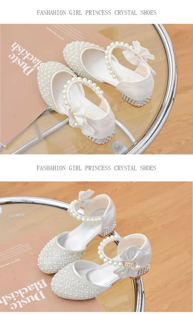 Rhinestones Princess Party Shoes Shiny Crystal Bow White Children High Heels Girls Sandals Summer Kids Student Performance Shoes - M & M Global