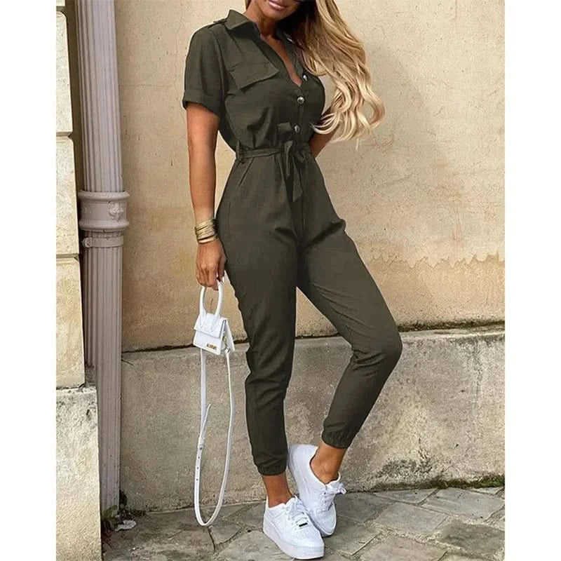 Women's Monochromatic Belt Workwear Jumpsuit, Casual Pants, Flip Collar, Buckle, European and American, Summer, 2024 - M & M Global