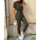 Women's Monochromatic Belt Workwear Jumpsuit, Casual Pants, Flip Collar, Buckle, European and American, Summer, 2024 - M & M Global