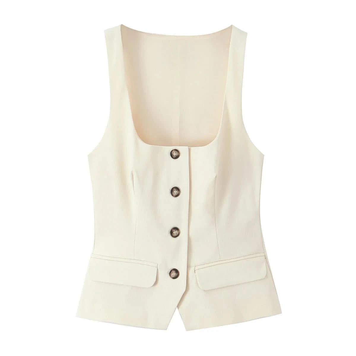 TFMLN 2025 Summer Women Sleeveless Solid Vests Chic Square Neck Office Waistcoat Female Single-breasted  Outwear Tops - M & M Global