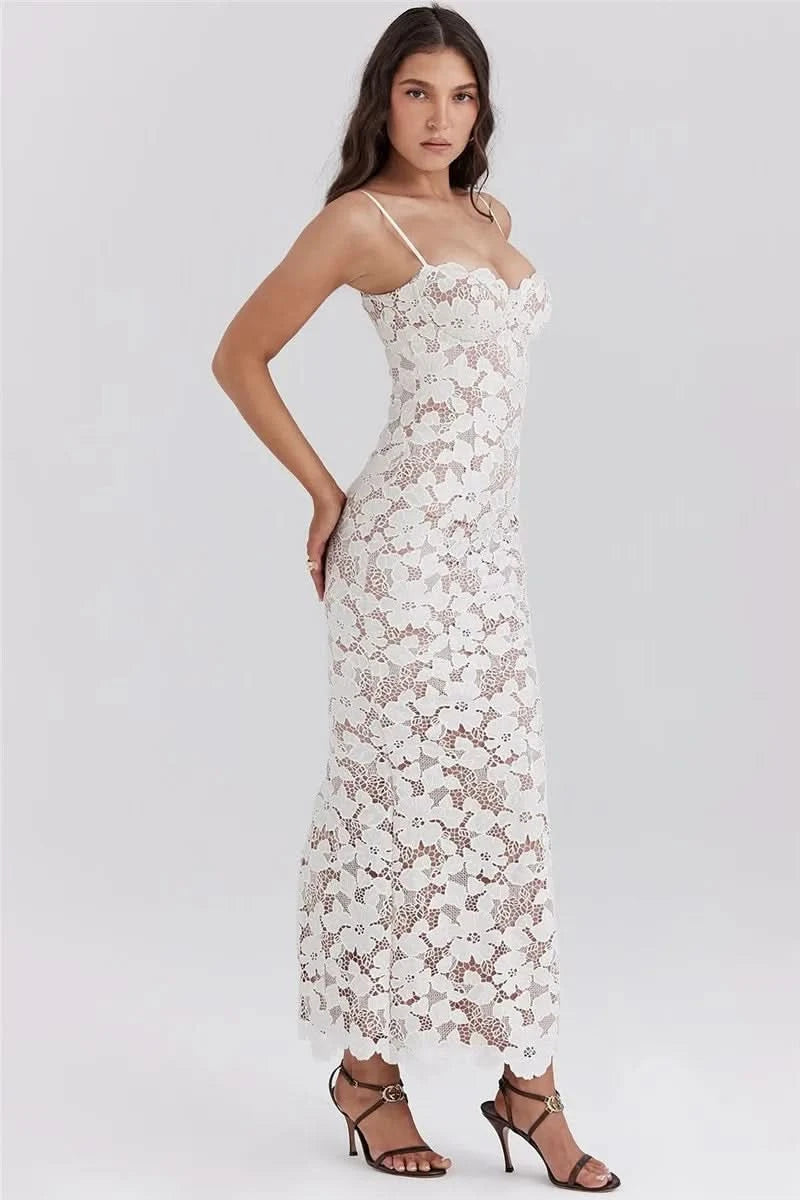 Mozision Floral Embroidery Sexy Maxi Dress For Women Fashion Spaghetti Strap Sleeveless Backless Lace-up Club Party Long Dress - M & M Global