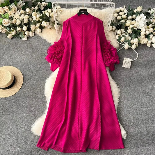 Sweet Pleated Vintage Three-dimensional Flower Loose Long Dress Chic Evening Korean Fashion Fashion Women Summer Dresses - M & M Global