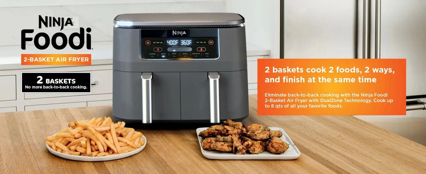 DZ201 Foodi 8 Quart 6-in-1 DualZone 2-Basket Air Fryer with 2 Independent Frying Baskets, Match Cook & Smart Finish to Roast, Br - M & M Global