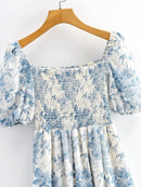Summer Off-the-shoulder Short Sleeved Floral Split Long Chiffon Dress Swallows Print Fit and Flared Sweet  Ruffles Long Dress - M & M Global