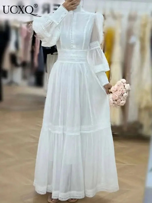 UCXQ Elegant Long Dress Fairy Style Stand Up Collar Lantern Sleeves Splicing Waist Fashion Dresses Women 2025 Spring Autumn 1351 - M & M Global