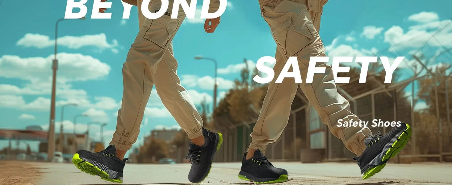SPIEZ composite toe safety shoes, lightweight air cushion, men's work shoes in black and green - M & M Global