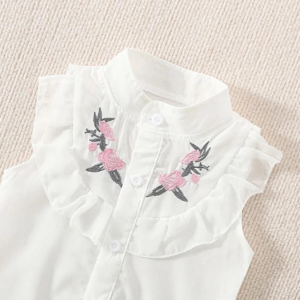 Summer New Girls' Two-Piece Set Lace Flower Embroidery Bow Two-Piece Set Loose Casual Two-Piece Shorts - M & M Global