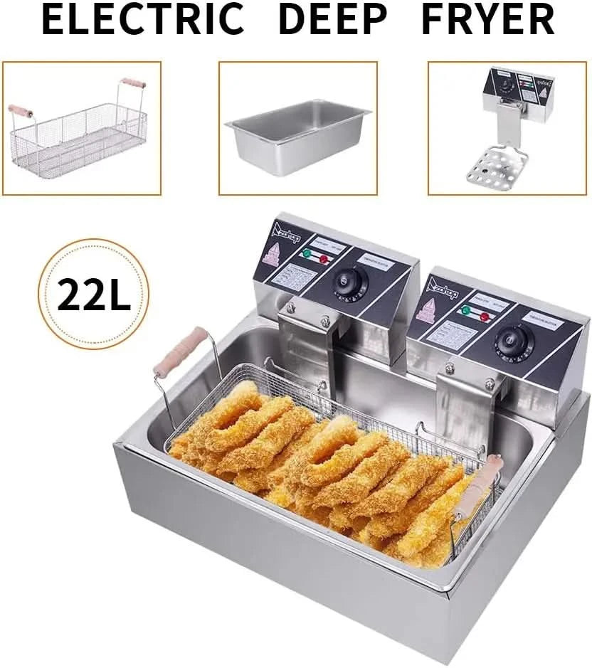 5000W Commercial Deep Fryer with Basket and Lid, 23.3QT/22L Electric Fryer, Countertop Oil Fryer for French Fries, Onion Rings, - M & M Global
