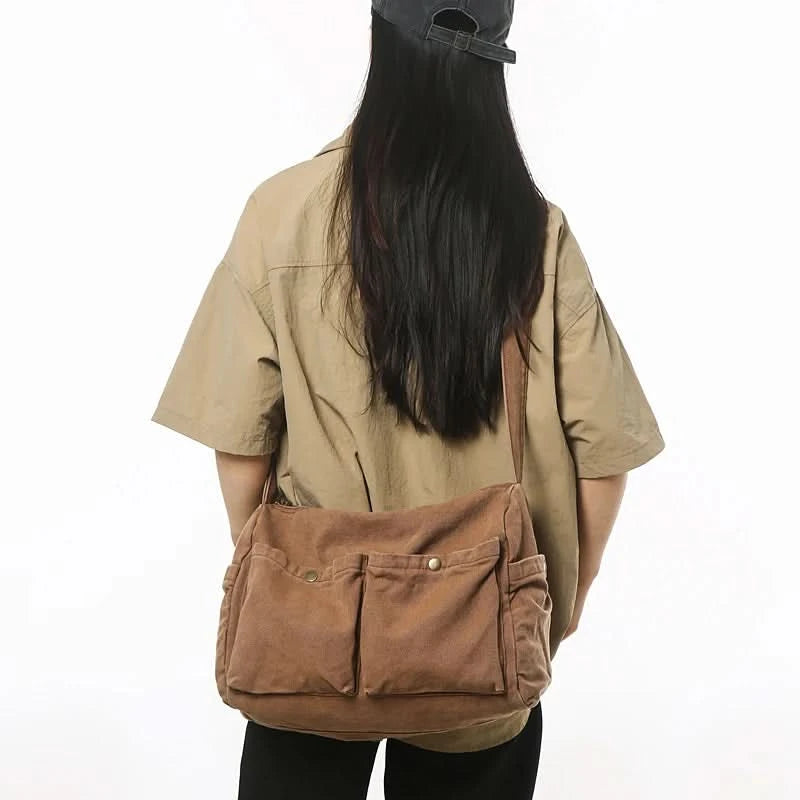 Vintage Style Canvas Messenger Bag Casual Travel Crossbody Bag Retro Large Capacity Shoulder Bag Multi Pocket Shoulder Bag - M & M Global