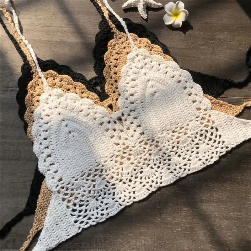 Sexy Style Hand Crochet Solid Color Bikini Beachwear Women Beach Holiday Hollow Out Tie Up Swimsuit Sun Bathing Clothes - M & M Global
