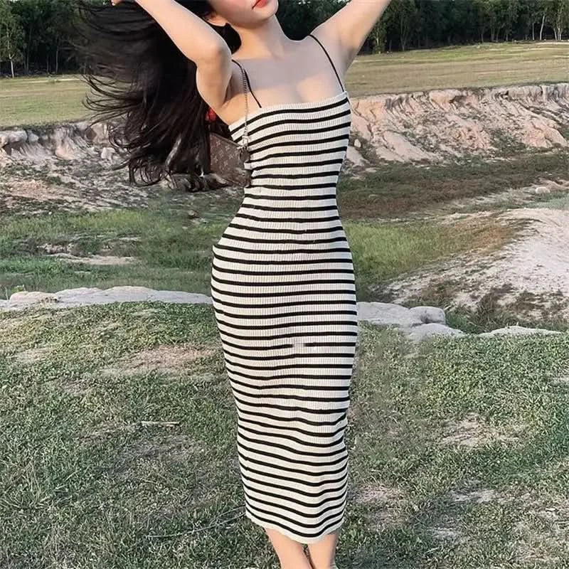 Striped Knitted Slim Dresses Women's Summer Skinny Sleeveless Bodycon Long Dress Casual Holiday Wrap Hip Sundress - M & M Global