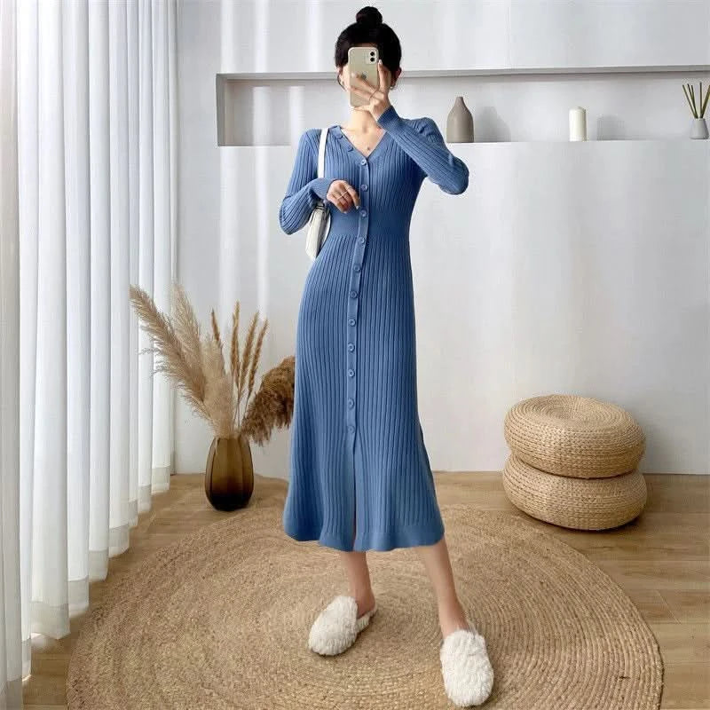 Lucyever Elegant Knitted Long Dress for Women Korean Chic Buttons Slim Fit Midi Dresses Female Streetwear V Neck Party Vestidos - M & M Global