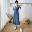 Lucyever Elegant Knitted Long Dress for Women Korean Chic Buttons Slim Fit Midi Dresses Female Streetwear V Neck Party Vestidos - M & M Global