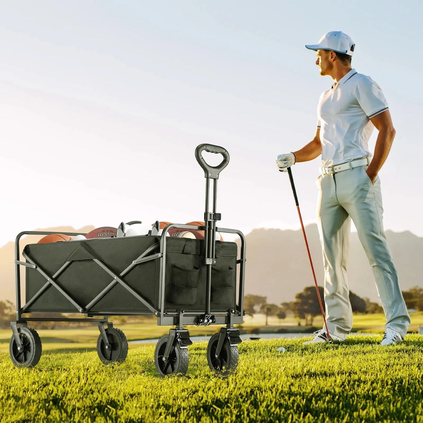 JHK Outdoor Collapsible Foldable Garden Beach Cart Large Capacity Wagon Cart Utility Grocery Wagon for Shopping Sports Camping
