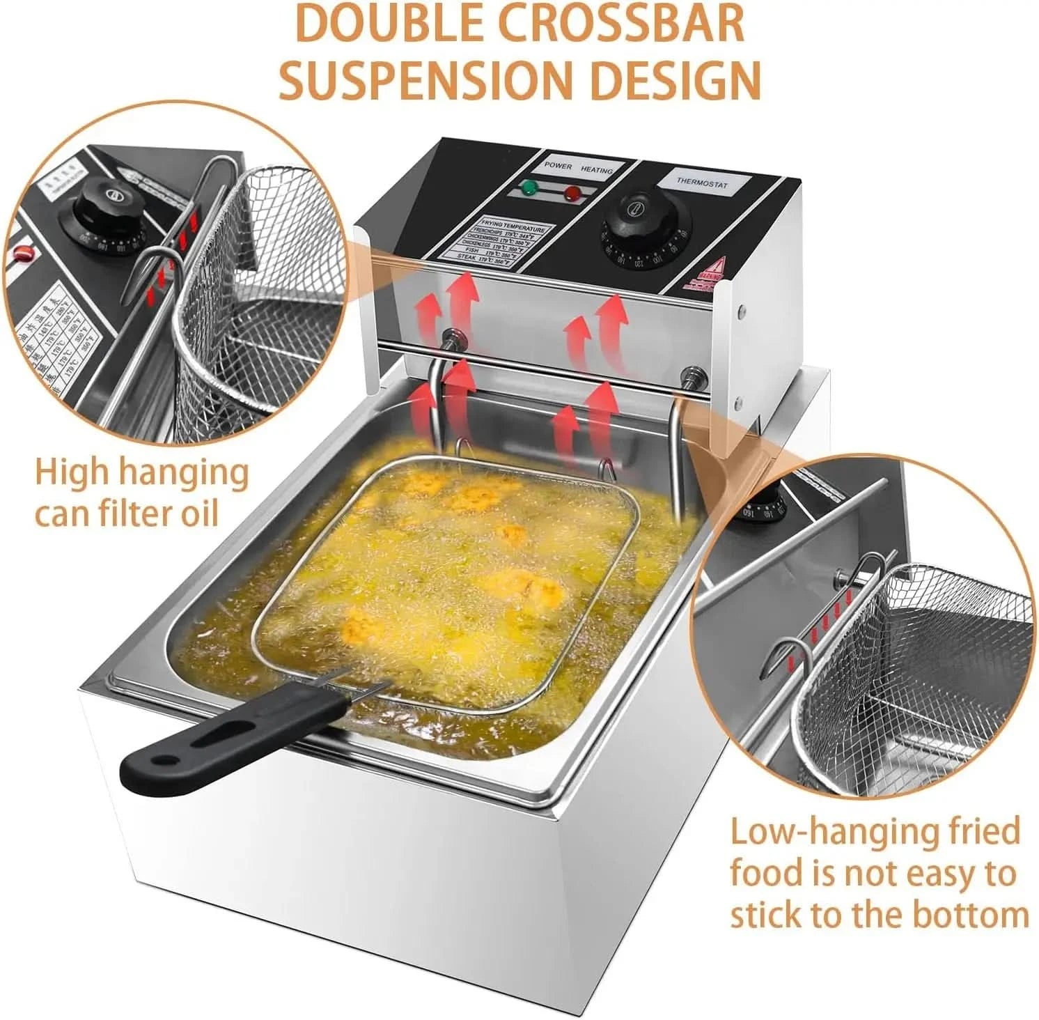 Heavy Duty Deep Fryer, 6.3QT/6L Stainless Steel Large Single-Cylinder Electric Fryers with Removable Basket and Professional Hea - M & M Global