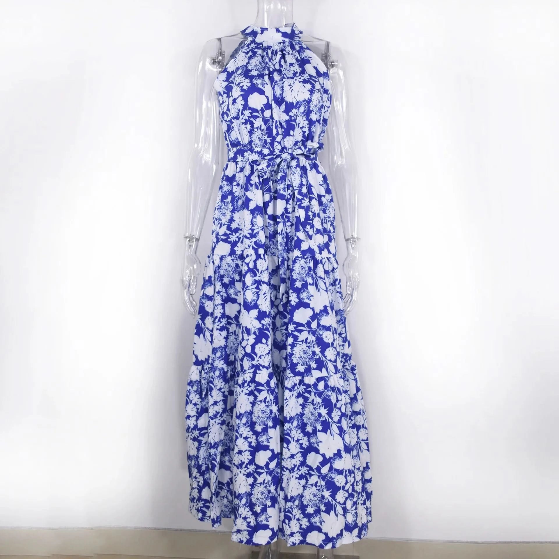 Summer Floral Print Halter Neck Dresses For Women Sleeveless Leace-up Long Dress Casual Beach Holiday Vestidos Female Clothing - M & M Global