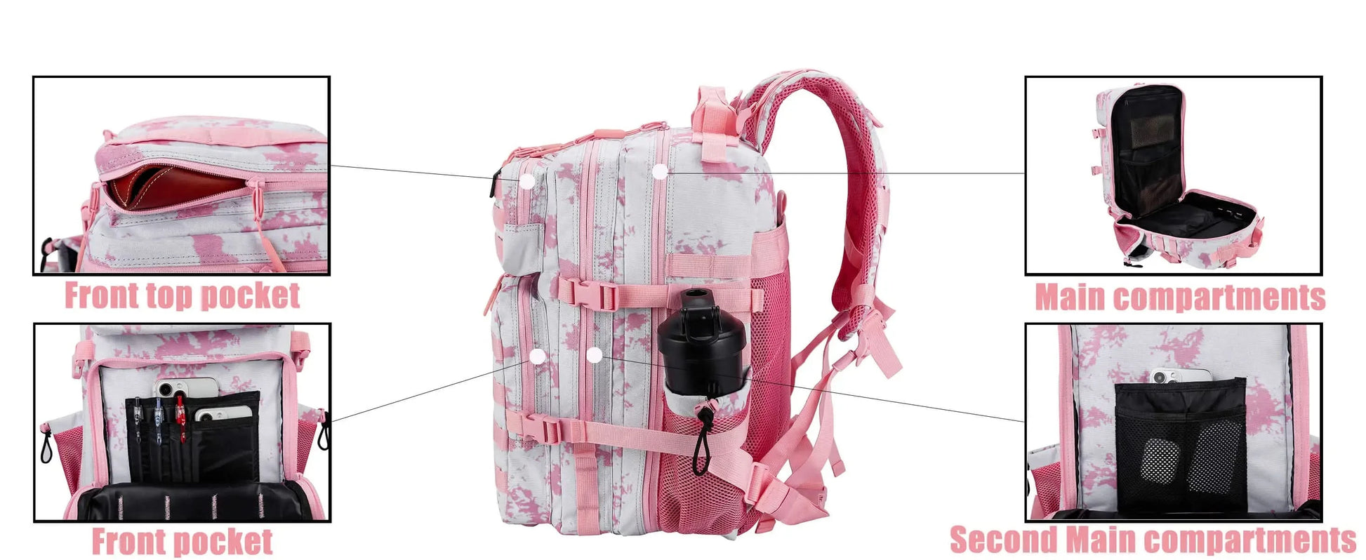 LHI 45L Tactical Backpack Waterproof Tie-Dye Sports Travel Daily Gym Rucksacks Weekend Overnight Daypack With Bottle holder - M & M Global