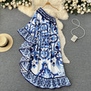 Summer Long Dress Women Runway Blue And White Porcelain Asymmetry Sexy Off The Shoulder Ruffles Hem Loose Robe Maxi Vestidos - M & M Global