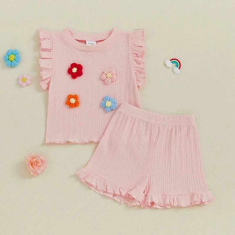 Girls Sleeveless Floral Tank Top and Shorts Set Summer 2-Piece Outfit with Crew Neck Cute Toddler Girls Clothing - M & M Global